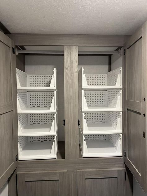 RV Storage and Organizing Ideas | Finally got my closet organizers from Amazon and I’m in love. Rv Shelves Ideas, Camper Interior Storage Ideas, Small Camper Clothes Storage, Rv Cleaning Supply Storage, Scamp Camper Storage Ideas, Trailer Ideas Organizing, Rv Closet Shelves, Storage Ideas For Small Campers, Camper Drawer Organization