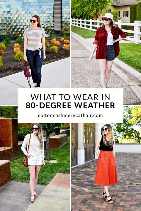 As a life-long Idahoan, I'm used to dressing for 80-degree weather! If you get confused when the temperature spikes in the spring or drops in the late summer, check out this post to learn what to wear in 80-degree weather plus find 12 outfit ideas to wear when it's 75-85°F outside. Cute 80 Degree Weather Outfits, What To Wear In 75 Degree Weather, What To Wear In 80 Degree Weather, 75 Degree Weather Outfit Summer, 85 Degree Weather Outfit, Outfits For 80 Degree Weather, Outfit For 75 Degree Weather, 75 Degree Weather Outfit, 80 Degree Weather Outfits