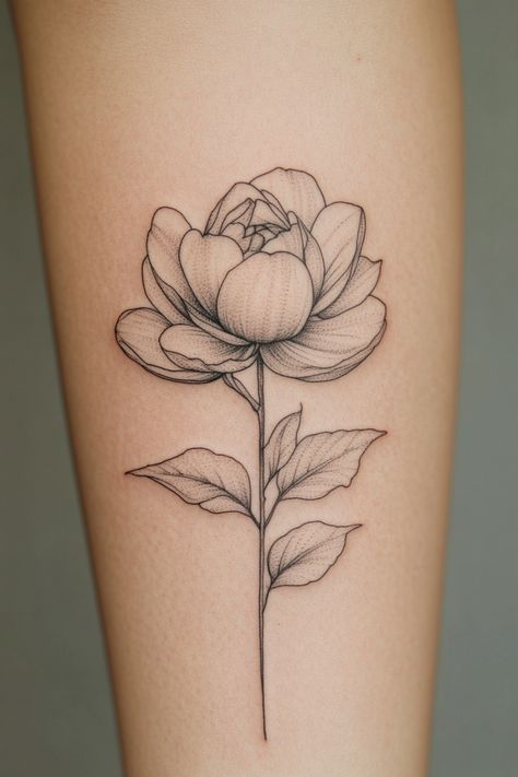 A detailed line drawing tattoo of a blooming flower on a person's arm. Soft Flower Tattoo, Shaded Flower Tattoo, Peonies Tattoo Design, Buttercup Tattoo, Daisy Chain Tattoo, Small Daisy Tattoo, Flower Tattoos For Women, Rosé Portrait, Daffodil Tattoo