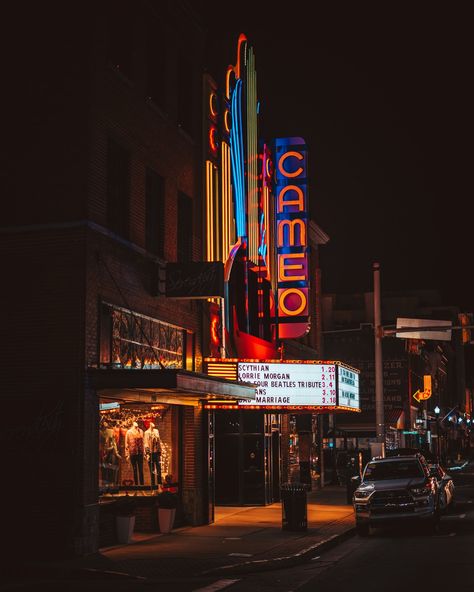 The Cameo Theater vintage sign at night, Bristol, Virginia Bristol Virginia, Lorrie Morgan, Rail Transport, Hotel Motel, White Car, Posters Framed, City Car, Senior Pics, Gas Station