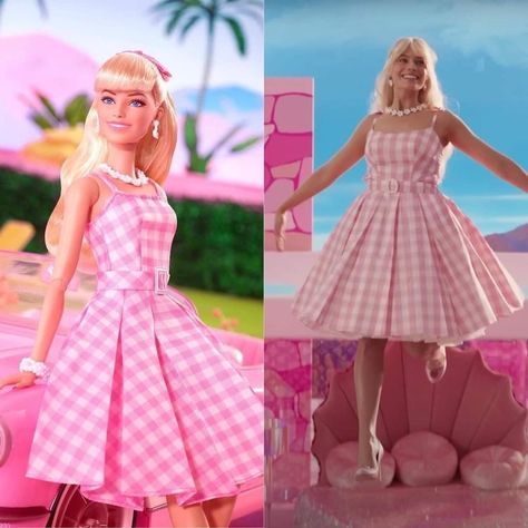 Margot Robbie (Barbie 2023 Movie) and Barbie Doll. Perfect Day Outfit: Pink Gingham Dress w/ belt, pearl-floral necklace, bracelet & earrings, pink pumps, matching hair bow. Pink Barbie Convertible (classic) | BarbieCore Barbie Checkered Dress, Outfits For The Barbie Movie, 80s Barbie Costume, Barbie Movie Outfits Ideas, Barbie 2023 Movie, Barbie Convertible, Barbie Doll Outfits, 80s Barbie, Barbie And Her Sisters