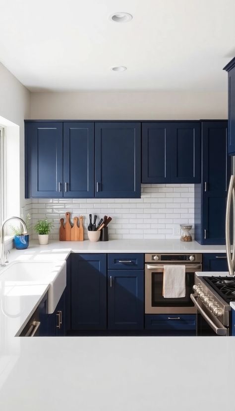 Blue Kitchen White Countertops, Dark Blue And Cream Kitchen, Blue Cabinets Butcher Block Counter, Navy Blue Kitchens, Navy Blue Kitchen Ideas, Navy Kitchen Ideas, Dark Blue Kitchen, Navy Kitchen Cabinets, Blue Kitchen Ideas