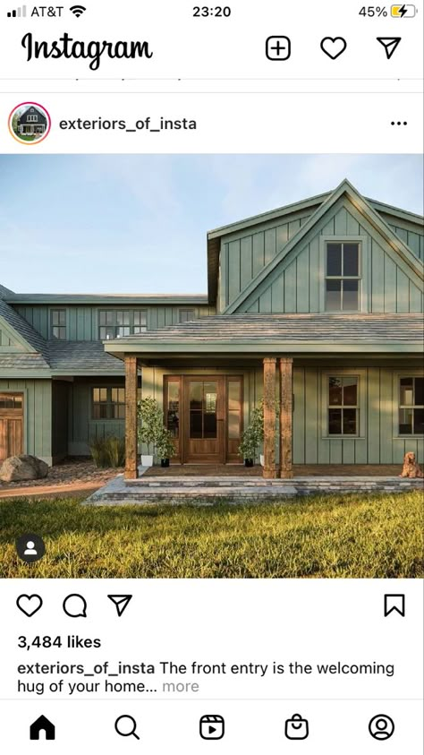 Earthy Siding Colors, Rustic Green Exterior House Colors, Cedar Wood House Exterior, Green Tin Siding House, Olive Green Barndominium, Green House Wood Trim, Roof Colors For Green House, Green And Wood Exterior House, Light Green Board And Batten Exterior