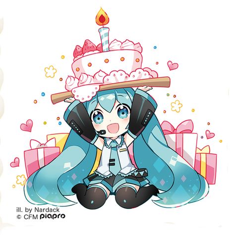 Nardack, Vocaloid, Hatsune Miku, Exposed Shoulders, Cream, Sleeveless Shirt Happy Birthday Drawing Anime, Miku Happy Birthday, Chibi Hatsune Miku, Chibi Birthday, Miku Birthday, Hatsune Miku Chibi, Hatsune Miku Birthday, Anime Happy Birthday, Miku Chibi