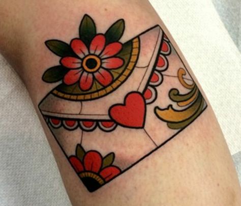 Love Letter Tattoo, Envelope Tattoo, Tatuaje Cover Up, Letters Tattoo, Letter Tattoo, Traditional Style Tattoo, Kunst Tattoos, Traditional Tattoo Sleeve, Tattoos Geometric