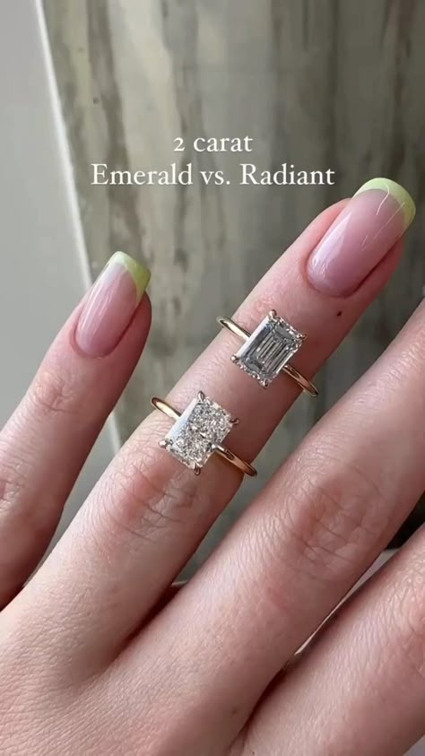 Radiant or Emerald? Choose the perfect engagement ring that speaks to your heart and symbolizes your eternal love. 💍✨ #radiantcut #emeraldcut #engagementring #moissanite #foreverlove #luxuryjewelry #sparkle Radiant Engagement Ring Double Prong, Radiant Cut Vs Emerald Cut, Radiant Gold Ring, Solitaire Radiant Cut Engagement Ring, Radient Cut Engagement Ring, Simple Classy Engagement Rings, Rectangle Engagement Ring, Square Emerald Ring, Gold Emerald Cut Engagement Ring