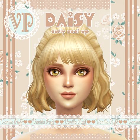 Vanilla Puff Sims 4 Hair -DAISY- Curly Semi Up | Patreon Eco Lifestyle, Cottage Living, Cc Finds, Volume Hair, Maxis Match, Sims Cc, Daisy Flower, Sims 4, Vanilla