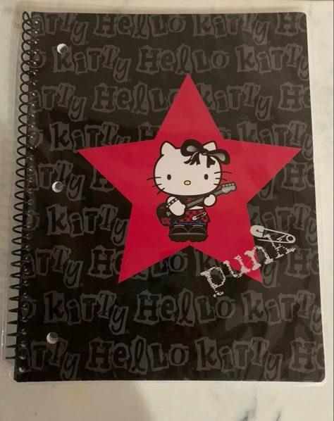 Punk Notebook, School Notebooks Aesthetic Cover, Hello Kitty Book Cover, Hello Kitty Sketchbook Cover, Y2k Notebook Cover, Hello Kitty Notebook Cover, Notebook Cover Ideas Aesthetic, Goth Notebook, School Notebook Cover