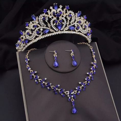 Royal Blue Gold Wedding Dress, Royal Blue Quinceanera Jewelry, Navy Blue Tiara, Royal Blue Quince Jewelry, Navy Blue Crown Quince, Sweet 16 Party Ideas Dark Blue, Royal Blue Crown Quinceanera, Blue Prom Accessories, Royal Blue And Silver Quinceanera Dress