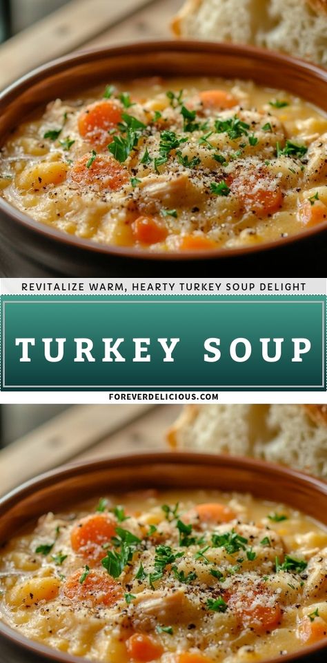 I love making this hearty turkey soup when the weather turns chilly. Packed with tender turkey, colorful carrots, and a blend of spices, it’s the perfect way to warm up. Serve it with crusty bread for a delightful meal! Turkey Stock Uses, The Best Turkey Soup Recipe, Hearty Turkey Soup, How To Make Turkey Soup, Turkey Neck Soup, Easy Turkey Soup Recipe, Creamy Turkey Soup Recipes, Turkey Soup Spices, Best Turkey Soup Recipe