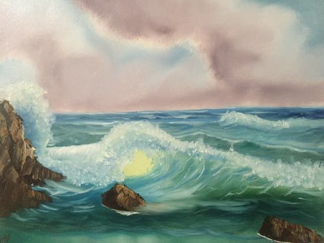 Bob Ross Ocean Painting, Waves Crashing On Rocks, Ocean Cliff Painting, Waves On Rocks Crashing, Waves Crashing Against Rocks, Bob Ross Paintings, Ocean Shores, Bob Ross, Original Oil Painting