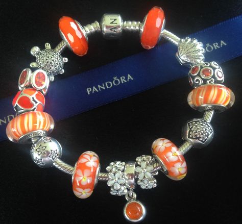 Orange Pandora Bracelet, Pandora Bracelet Designs, Orange Bracelet, Pandora Bracelets, Craft Storage, Pandora Bracelet, Tropical Flowers, Display Ideas, White Enamel