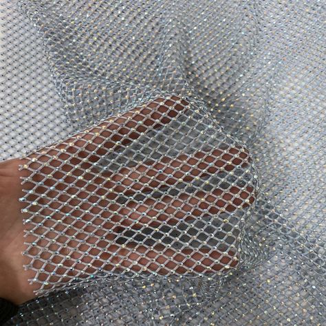 Baby Blue Serene Iridescent Rhinestone Fishnet Lace Fabric - Fashion Fabrics LLC Rhinestone Fishnets, Sparkly Outfits, Fishnet Dress, Blue Dress Short, Net Dress, Abaya Designs, Trim Dress, Designer Dresses Casual, Net Fabric