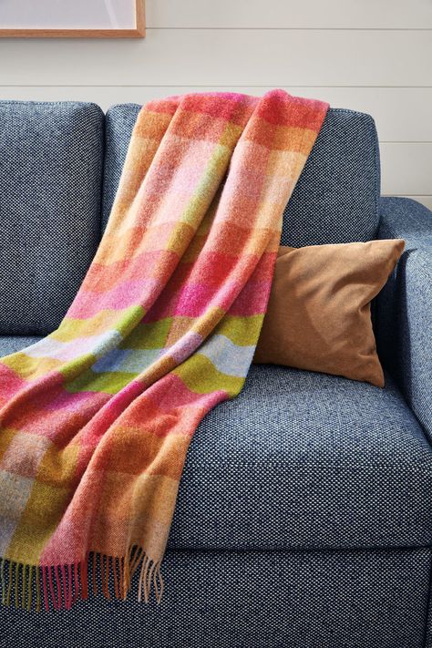 Made by one of the oldest fabric mills in the United Kingdom, our Clare throw blanket infuses freshness into your space with its lively colors in a simple grid pattern. This wonderfully soft throw blanket is made from 100% merino wool for an added touch of luxury and warmth. Modern Throw Blanket, Living Room Blanket, Rug Inspiration, Colourful Living Room, Living Room Accent Tables, Clearance Rugs, Wool Throw, Soft Throw Blanket, Modern Throws