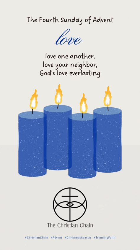 On the 4th Sunday of Advent, the 4th candle is lit, symbolizing love. This is a time to reflect on how much God loved us, that He sent His only Son to die for our sins to redeem creation that way we may have a renewed relationship with Him (John 3:16). As we prepare for the birth of Jesus, let us remember that love, and reflect it to each other and share it with our neighbors; shining the light of Christ in this dark world. #ChristianChain #Advent #ChristmasSeason #TrendingFaith 2nd Sunday Of Advent Candle, 4th Sunday Of Advent, Second Week Of Advent, Second Sunday Of Advent, Advent Sunday, A Little Life Book, First Sunday Of Advent, Memories Art, Childhood Memories Art