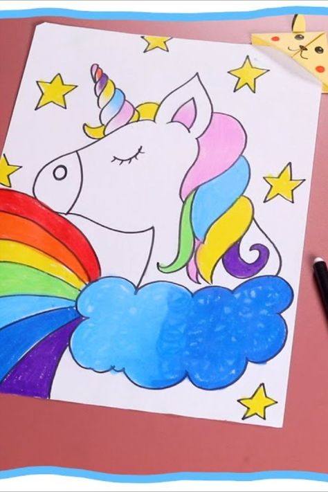 AWESOME UNICORN DRAWING AND COLOURING Find out how to make a unicorn and then fill it with colour. Start with drawing your unicorn and use your creativity to add starts and clouds around it. Then use your colour pencil/crayons/paints to fill the drawing with colour. Make it as colourful as you can! For this activity you will need: 1. Plain Paper 2. Pencil 3. Sharpener 4. Eraser 5. Crayons Thank you for watching! Creative Necklines, Unicorn Drawing Sketches, Easy Canvas Painting For Kids, Unicorn Drawing For Kids, Pencil Colours Art Drawings, Unicorn Drawing Easy, Cute Unicorn Drawing, Make A Unicorn, Colouring Art