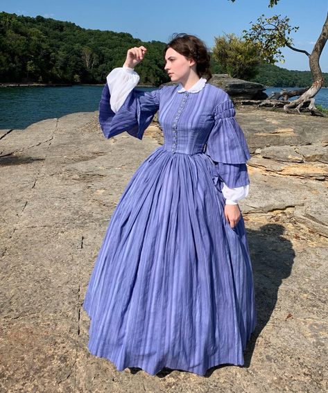 Victorian Indigo Striped Gown — Emma Collins Mid Victorian Fashion, Victorian Day Dress 1850, Late Victorian Dress, 1860s Fashion Day Dresses, 1870s Dress Casual, Dresses Victorian Era, 1800s Fashion Women, Late 1800s Fashion, Victorian Day Dress