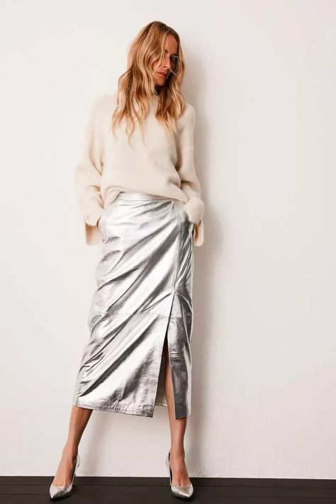 Elevated Autumn Staples at Mint Velvet | SheerLuxe Metallic Midi Skirt, Silver Outfits, Oversized Wool Coat, Leather Midi Skirt, Timeless Dress, Knit Turtleneck Sweater, Mint Velvet, Wish List, Women Skirts Midi