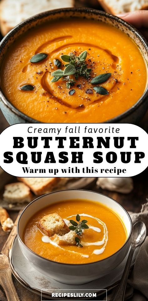 Warm up with a bowl of creamy butternut squash soup! Packed with rich flavors and perfect for cozy nights, this easy-to-make recipe is a fall favorite. Get ready to savor the blend of sweet and savory in every spoonful. Butternut Squash Cream Soup, Fall Butternut Squash Soup, Winter Squash Recipes Soup, Thanksgiving Soup Appetizer, Sweet Butternut Squash Soup, High Protein Butternut Squash Soup, Butternut Squash Soup Recipes Easy, Savory Butternut Squash Recipes, Butter Nut Squash Soup Recipes