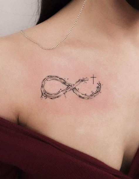 Infinity wave tattoo by @tattooist_jaeo Infinity Water Tattoo, Infinity Tattoo Back Of Neck, Infinity Ocean Tattoo, My Story Isn't Over Tattoo, Water Infinity Tattoo, Ocean Infinity Tattoo, Infinity Tattoo Unique, Fish Infinity Tattoo, Ocean Wave Arm Band Tattoo