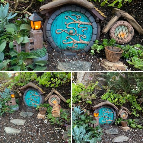 Fairy Garden Hobbit House Diy, Miniature Hobbit House, Hobbit Fairy Garden, Hobbit Garden Ideas, Hobbit Door Diy, Hobbit Houses Diy, Hobbit Home, Hobbit Garden, Hobbit Door