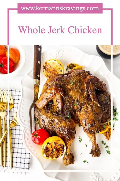 Whole Jerk Chicken, Jerk Chicken Crockpot, Jerk Recipes, Whole Chicken Recipes Oven, Baked Jerk Chicken, Jerk Chicken Marinade, Jerk Recipe, Whole Baked Chicken, Jerk Chicken Recipe