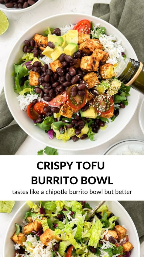 burrito bowl next to a green cloth and white bowl of beans Lunch Burrito Bowl, Tofu Recipes Mexican Burrito Bowls, Tofu Chipotle Bowl, Tofu Fajita Bowl, Chipotle Bowl Vegetarian, Mexican Tofu Bowl, Mushroom Burrito Bowl, Spicy Tofu Bowl, Healthy Tofu Bowl Recipes