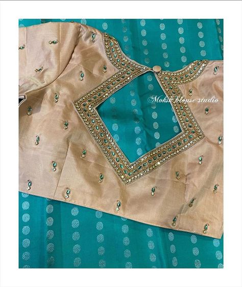 Instagram photo by Moksh Blouse Studio • Mar 6, 2020 at 7:58 PM Simple Maggam Work Blouse, Simple Maggam Work, Stone Work Blouse, Work Blouse Designs, Raw Silk Blouse, Maggam Work Blouse, Cotton Blouse Design, Maggam Work Designs, Traditional Blouse Designs