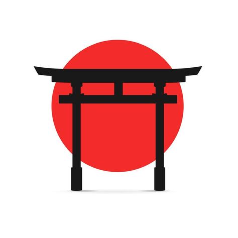 Silhouette Black Japanese Traditional Torii Gate on a Red Sun. Vector Torii Gate Drawing, Bistro Logo, Tori Gate, Sun Vector, Japan Graphic Design, Black Japanese, Torii Gate, Red Sun, Cityscape Photos