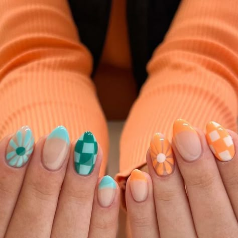 Aubrey Kidd • Idaho Nail Artist on Instagram: "Okay what a BABE!!!! These are so freaking cute. 🍊  #springnails #floralnails #groovynails #nailsnailsnails #nailsofinstagram #gelnails #buildergelnails #hardgeloverlay #structuredgelmanicure #boisenails #meridiannails #organgenails" Short Almond Nails Designs Colorful, Bright Fun Nails Summer, One Hand Design Nails, Nails All Different Designs, Summer Retro Nails, May Flower Nails, Two Different Nails On Each Hand, Fun Pattern Nails, Opposite Nail Designs On Each Hand