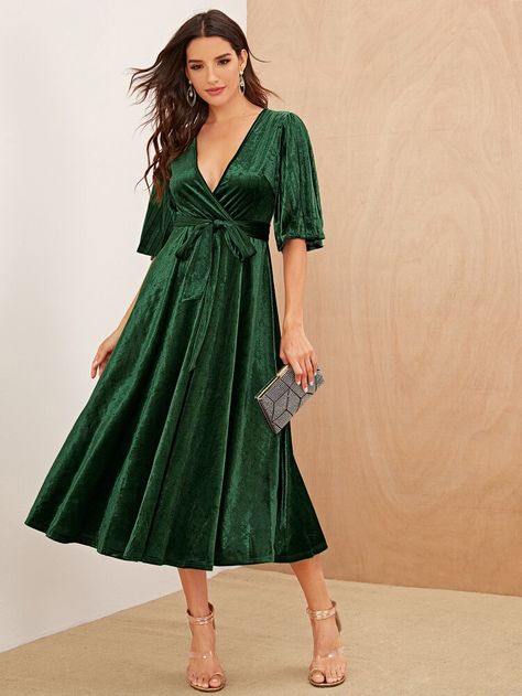 Pleated Sleeve Wrap Belted Velvet Dress | SHEIN USA Frocks For Women, Flowy Midi Dress, Deep V Neck Dress, Velvet Midi Dress, Fall Winter Dresses, Pleated Sleeves, Solid Dress, Tie Dress, Jeffrey Campbell