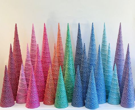 Follow the rainbow with our gorgeous gingham fabric trees. These are handmade fabric wrapped paper mache cones. Available in 4 sizes  Please note these do not come with stands. I use candle sticks, mini cakes stands and even stemmed glassware to elevate them. Stemmed Glassware, Fabric Trees, Christmas Ribbon Crafts, Paper Mache Cone, Christmas Decorations Centerpiece, Topiary Tree, Fabric Tree, Cone Trees, Fabric Christmas Trees