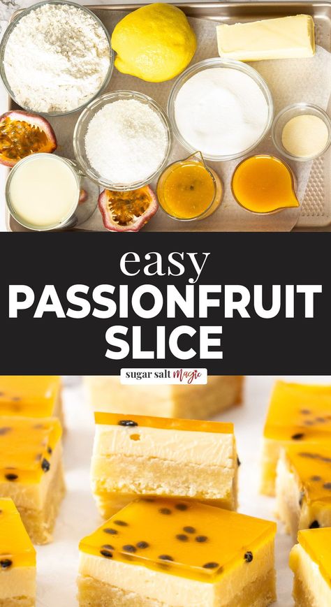 Magic Slice Recipe, Passion Fruit Slice, Jelly Slice Recipe, Passion Fruit Dessert Ideas, Easy Slice Recipes, Passionfruit Custard, Fruit Based Desserts, Fruit Slice Recipe, Passion Fruit Dessert