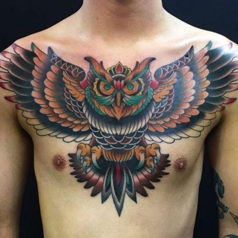 Neo Traditional Chest Tattoo, Owl Neck Tattoo, Owl Tattoo Chest, Traditional Chest Tattoo, Traditional Owl Tattoos, Eagle Chest Tattoo, Tattoo Owl, Traditional Chest, Backpiece Tattoo