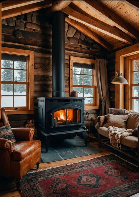 Cozy Living Room With Wood Stove, Cabin Renovation Ideas, Vintage Cabin Aesthetic, Small Cabin Living Room, Old Cabin Interior, Cozy Cabin Living Room, Barndominium Decor, Cabin Living Room Ideas, Cabin Design Ideas