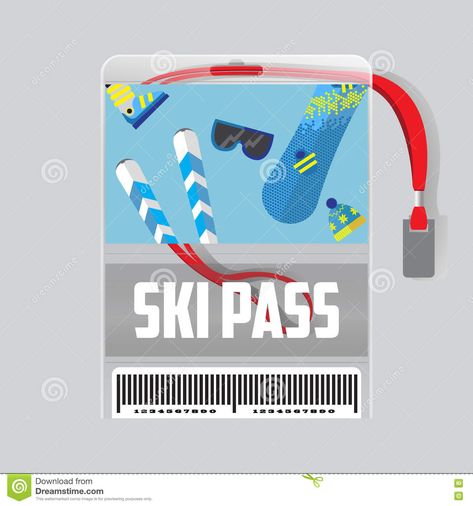 Ski Pass Design, Motto Party, Winter Resort, Ski Pass, Flat Design Illustration, Blue Design, Blue Ribbon, Flat Design, Red Ribbon