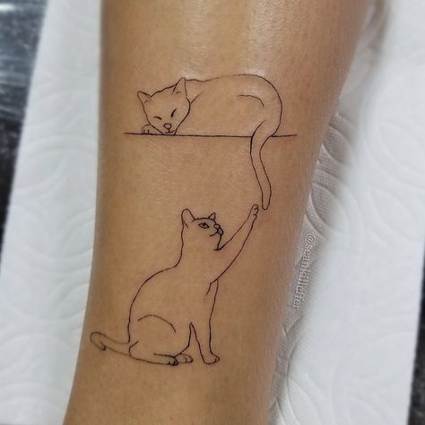 Remembering Cat Tattoo, Cat Leaf Tattoo, Cat Tattoo 2 Cats, 2 Cat Tattoo Designs, Minimal Cat Tattoo Line, Simplistic Cat Tattoo, Cat In A Box Tattoo, Line Work Cat Tattoo, Fine Line Cat Tattoos