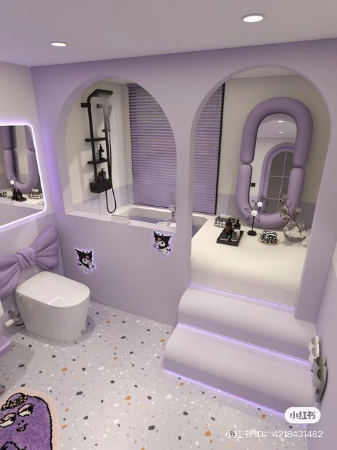 Anime Bathroom Aesthetic, Purple House Aesthetic, Kuromi Room Decor, Kuromi Bathroom, Lavender Room Ideas, Kuromi Bedroom, Ideas Small Bedroom, Kuromi Room, Bedroom Decor Ideas Aesthetic