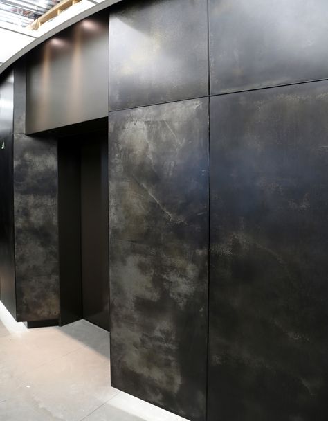 Australia Square | Midnight Zinc Sheet Metal AXOLOTL Sheet Metal Wall, Zinc Sheet, Interior Design Courses Online, Sheet Metal Art, Interior Design Colleges, Office Paint, Metal Wall Panel, Vintage Lounge, Metal Cladding