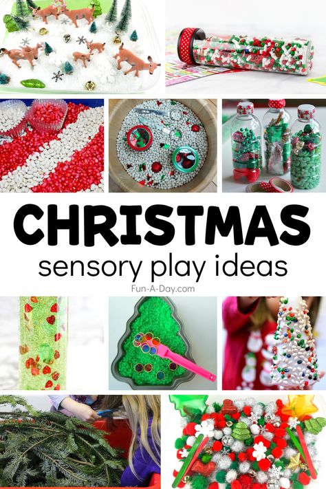 20+ Christmas sensory activities perfect for preschool and kindergarten kids. Hands-on sensory bins, Christmas sensory bottles, and more sensory play ideas for the holiday season. Click on the Fun-A-Day.com link for more details. Preschool Christmas Sensory Table Ideas, Christmas Sensory Bins For Preschool, Christmas Activities Nursery, Christmas Play Activities, Pre K Holiday Activities, Sensory Bin Christmas Ideas, Christmas Sensory Bins Preschool, Toddlers Christmas Activities, Christmas Sensory Bin Kindergarten