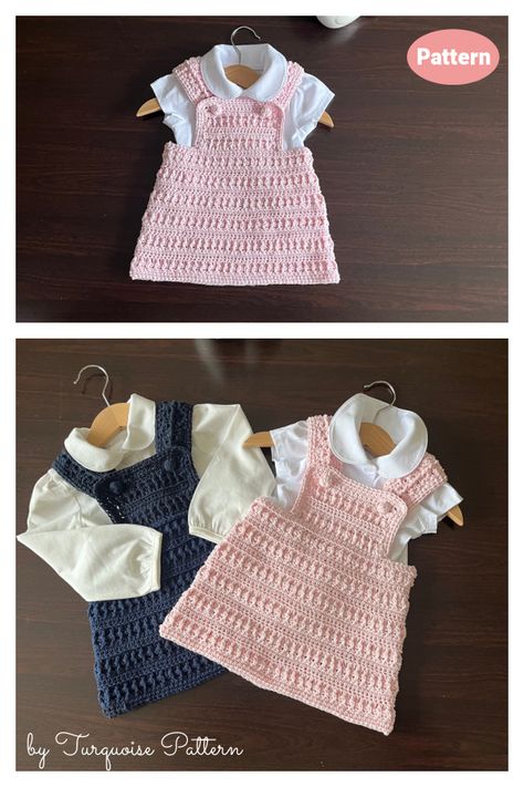 Dolls Knitted Pinafore Dress, Crochet Pattern Toddler Dress, Crochet Pinafore Dress Pattern Free, Free Knitting Patterns For Toddlers, Crochet Pinafore Dress, Newborn Crochet Patterns Free, Daisy Clothes, Baby Pinafore Dress, Pinafore Dress Pattern