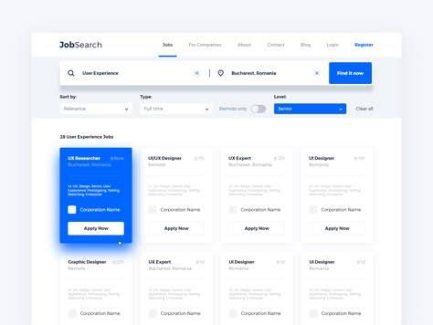 Search Results xd senior sort corporate find design cards career job filter results search page web ux ui Web Wireframe, Responsive Web Design Inspiration, Search Ui, Application Ui Design, Layout Portfolio, Web Design Jobs, Ui Design Mobile, Layout Web, Ui Design Dashboard
