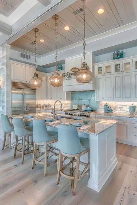 Beach Cottage Interiors, Coastal Kitchen Design, Coastal Kitchen Decor, Dreamy Beach, Preppy Kitchen, Beach House Kitchens, Dream Life House, Dream Beach Houses, Dream Kitchens Design