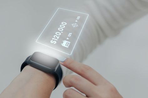 Smartwatch hologram mockup on a female wrist psd | premium image by rawpixel.com / Chanikarn Thongsupa Hologram Phone, Hologram Watch, Cashless Payment, Hologram Technology, Green Marketing, Smartphone Gadget, Digital Money, Money Girl, Christmas Phone Wallpaper