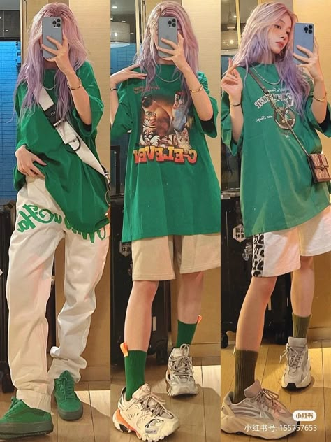 Green Fits Streetwear, Kidcore Clothing, Bright Colored Outfits, Tomboy Style Outfits, Ulzzang Fashion, Tomboy Fashion, Kpop Fashion Outfits, Everyday Dresses, Cosplay Outfits