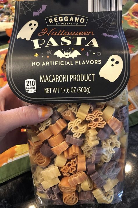 Fall Shaped Pasta, Aldi Halloween Pasta, Vintage Halloween Food, Halloween Shaped Pasta Recipes, Halloween Pasta Dishes, Fall Shaped Pasta Recipes, Halloween Must Haves, Halloween Pasta Recipes, Halloween Themed Pasta