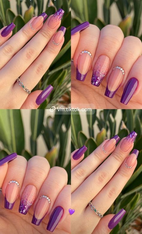 Purple Nail Designs Birthday, Dark Purple Homecoming Nails, Homecoming Nails Purple, Nail Designs Dark Purple, Purple Prom Nails Acrylics, Purple And Silver Nails Acrylic, Dark Purple And Silver Nails, Cute Purple Nail Designs, Purple Nails Square