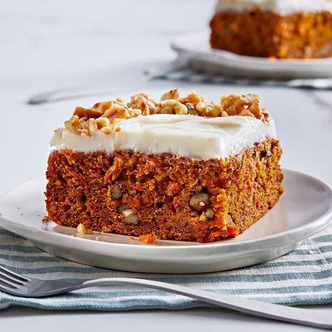 Carrot-Walnut Snack Cake with Cream Cheese Frosting 8x8 Desserts, 8x8 Cake, Carrot And Walnut Cake, Cake With Cream Cheese Icing, Cream Cheese Frosting Cake, Orange Baking, Southern Living Recipes, Thanksgiving Cakes, Snack Cakes