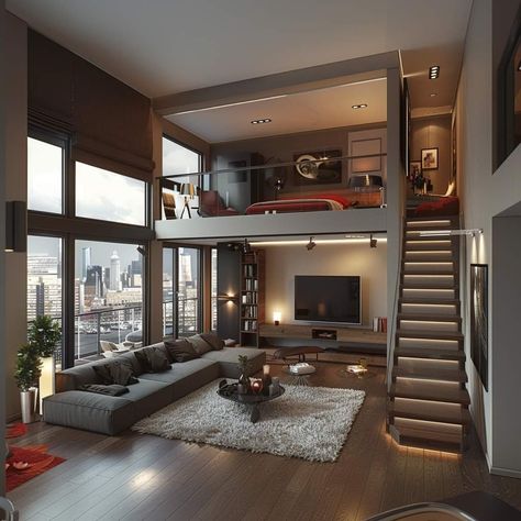 Small Loft Apartments, Loft Apartment Industrial, Modern Loft Apartment, Loft House Design, Amazing Bedroom Designs, Tiny House Luxury, Loft Interior Design, Duplex Design, Tiny House Loft