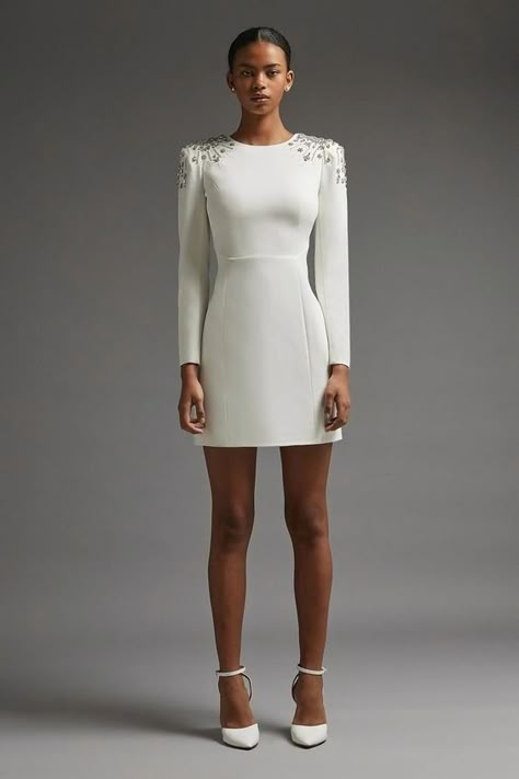 Embellished Neckline Dress, Evening Short Dresses Elegant, Stylish Short Dresses Party, Long To Short Wedding Dress, Mini Dress Formal Classy, Formal Mini Dress Classy, Long Sleeve Mini Dress Formal, Short White Dress Formal, Graduation Dress Inspiration